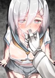 Rule 34 | 10s, 1girl, black pantyhose, blush, breasts, covered erect nipples, eyes visible through hair, from above, gloves, hair ornament, hair over one eye, hairclip, half-closed eyes, hamakaze (kancolle), hand on another&#039;s chin, heart, heart-shaped pupils, heavy breathing, kantai collection, large breasts, lips, looking at viewer, neckerchief, no bra, out of frame, pantyhose, pleated skirt, pov, pov hands, school uniform, see-through, serafuku, shayoo, short hair, silver hair, skirt, solo focus, symbol-shaped pupils, torn clothes, torn legwear, white gloves, yellow neckerchief