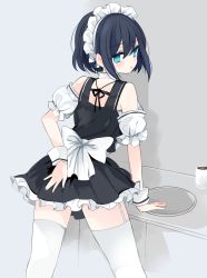 Rule 34 | 1girl, amesawa mokke, arm behind back, bad id, bad pixiv id, black dress, blue eyes, blue hair, blush, cup, detached sleeves, dress, from behind, garter straps, hair between eyes, highres, looking at viewer, looking back, maid, maid headdress, mug, original, parted lips, pinafore dress, puffy detached sleeves, puffy sleeves, short dress, short hair, sidelocks, sleeveless dress, solo, thighhighs, thighs, tray, wrist cuffs