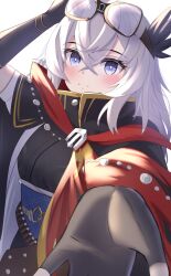 Rule 34 | 1girl, ammunition belt, black cloak, blue eyes, blush, breasts, bright pupils, cape, cloak, crossed bangs, fate/grand order, fate (series), feather hair ornament, feathers, gloves, grey hair, hair between eyes, hair ornament, highres, long hair, looking at viewer, red cape, red cloak, saika magoichi (fate), small breasts, solo, umi endu, white pupils