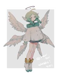 Rule 34 | 1girl, angel, angel wings, artist name, black halo, blunt ends, boots, border, braid, buttons, closed mouth, coat, collar, collared coat, commentary request, commission, commissioner name, english text, eyelashes, feathered wings, full body, green collar, green hair, grey background, grey eyes, grey shorts, half-closed eyes, halo, head wings, long sleeves, looking at viewer, low twin braids, medium hair, multiple wings, original, puffy long sleeves, puffy sleeves, short shorts, shorts, simple background, skeb commission, sleeves past wrists, smile, sobamushi mo, solo, twin braids, white border, white coat, white footwear, white sleeves, white wings, wings