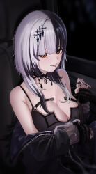 Rule 34 | 1girl, black background, black coat, black hair, black nails, breasts, chest belt, choker, cleavage, coat, commentary, fur-trimmed coat, fur trim, glowing, glowing eyes, grey hair, hair ornament, highres, holoadvent, hololive, hololive english, looking at viewer, medium breasts, multicolored hair, pitespear, shiori novella, shiori novella (1st costume), simple background, smile, solo, split-color hair, symbol-only commentary, tongue, tongue out, two side up, upper body, virtual youtuber, yellow eyes