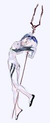 Rule 34 | 1girl, artist name, ayanami rei, bident, blue hair, bodysuit, full body, highres, lance of longinus (evangelion), looking at viewer, neon genesis evangelion, plugsuit, polearm, red eyes, short hair, simple background, solo, ueno zousui, white background, white bodysuit