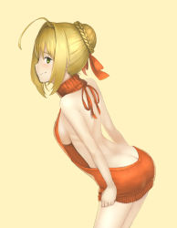 Rule 34 | 10s, 1girl, ahoge, alternate costume, ass, back, backless dress, backless outfit, bad id, bad pixiv id, bare back, bare shoulders, blonde hair, braid, breasts, butt crack, closed mouth, cowboy shot, dress, fate/extra, fate/grand order, fate (series), female focus, from behind, green eyes, halterneck, highres, looking at viewer, looking back, meme attire, naked sweater, nero claudius (fate), nero claudius (fate) (all), nero claudius (fate/extra), no bra, no panties, orange dress, quuukiii, ribbed sweater, short hair, sideboob, sidelocks, simple background, smile, solo, sweater, sweater dress, turtleneck, turtleneck sweater, virgin killer sweater, yellow background