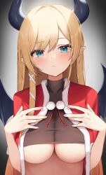 Rule 34 | 1girl, blonde hair, blue eyes, blush, breasts, cleavage, closed mouth, demon horns, demon wings, hands on own chest, hands up, highres, hololive, horns, large breasts, long hair, looking at viewer, pointy ears, see-through, see-through cleavage, simple background, solo, thomas 8000, underboob, upper body, virtual youtuber, wings, yuzuki choco