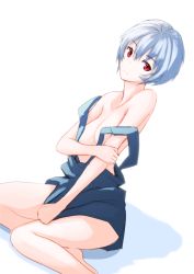 Rule 34 | 1girl, ayanami rei, bad id, bad tumblr id, blue hair, breasts, covering privates, dress, naked overalls, nanahime, neon genesis evangelion, no bra, overalls, red eyes, short hair, sitting, sketch, solo