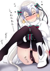 Rule 34 | 1girl, bdsm, bell, black panties, black thighhighs, blush, bondage, bound, bound arms, bow, cameltoe, capelet, closed eyes, dress, fate/grand order, fate (series), fur trim, green bow, green ribbon, headpiece, heart, high heels, highres, hugging own legs, jeanne d&#039;arc (fate), jeanne d&#039;arc alter (fate), jeanne d&#039;arc alter santa lily (fate), kiyomin, knees together feet apart, long hair, panties, pantyshot, peeing, peeing self, platinum blonde hair, ribbon, shoes, short dress, simple background, single shoe, sitting, solo, spoken heart, striped bow, striped ribbon, text focus, thighhighs, translation request, trembling, underwear, upskirt, wavy mouth, wet, wet clothes, wet panties, white background, white dress, white footwear