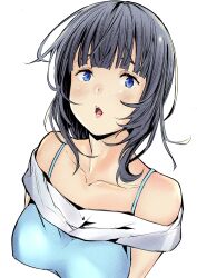 Rule 34 | 1girl, absurdres, asaka karin, blue camisole, blue eyes, blue hair, blunt bangs, breasts, camisole, collarbone, commentary request, cropped torso, furrowed brow, highres, looking at viewer, love live!, love live! nijigasaki high school idol club, medium breasts, medium hair, open mouth, solo, tommer, upper body, white background