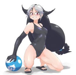 Rule 34 | 10s, 1girl, ball, beachball, black footwear, black gloves, black hair, black one-piece swimsuit, breasts, brown eyes, california sea lion (kemono friends), fins, glasses, gloves, grey hair, hair between eyes, hair tie, head fins, holding, holding ball, holding beachball, japari symbol, kemono friends, long hair, looking at viewer, multicolored hair, one-piece swimsuit, sandals, semi-rimless eyewear, smile, solo, swimsuit, tanabe (fueisei), two-tone hair, very long hair, white background