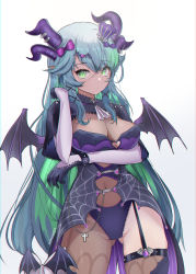 Rule 34 | 1girl, absurdres, apricot the lich, apricot the lich (2nd costume), blue hair, breasts, cleavage, green eyes, green hair, highres, horns, jewelry, looking at viewer, medium breasts, multicolored hair, multiple horns, namishiron, pointy ears, solo, thighhighs, virtual youtuber, vshojo, wings