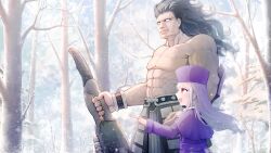 Rule 34 | 1boy, 1girl, abs, armor, black hair, blank eyes, bracelet, capelet, chinese commentary, closed mouth, coat, coat dress, commentary, dark-skinned male, dark skin, fate/stay night, fate (series), faulds, from side, fur hat, grey hair, hat, heracles (fate), holding, holding sword, holding weapon, illyasviel von einzbern, jewelry, light smile, long hair, long sleeves, looking ahead, looking away, muscular, muscular male, no pupils, open mouth, outdoors, papakha, pointing, purple coat, purple headwear, red eyes, sidelocks, snow, sword, topless male, tree, weapon, wh (user zrmr8753), white eyes, winter