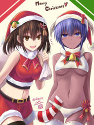 Rule 34 | 2girls, :d, alternate costume, bare arms, bare shoulders, bell, belt, belt buckle, black legwear, blue eyes, blue hair, bow, bowtie, breasts, brown background, brown belt, brown eyes, brown hair, buckle, christmas stocking, closed mouth, cowboy shot, crop top, crossover, dark-skinned female, dark skin, fake horns, fate/prototype, fate/prototype: fragments of blue and silver, fate (series), fur-trimmed shirt, fur-trimmed shorts, fur collar, fur trim, hair between eyes, hair ornament, half-closed eyes, hassan of serenity (fate), hassan of serenity (merry sheep) (fate), hat, hat bow, haura akitoshi, heart, holding, holding sack, horned headwear, horns, kantai collection, looking at viewer, medium breasts, medium hair, merry christmas, midriff, multiple girls, navel, open mouth, over shoulder, panties, red bow, red hat, red neckwear, red shirt, red shorts, sack, santa costume, santa hat, sendai (kancolle), shirt, short hair, shorts, sidelocks, sleeveless, sleeveless shirt, smile, stomach, thighhighs, tsurime, two side up, underboob, underwear, white legwear, white panties