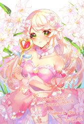 Rule 34 | 1girl, bare shoulders, blonde hair, breasts, character name, cleavage, commentary, commission, detached collar, dress, english commentary, green eyes, highres, holding, holding staff, indie virtual youtuber, light blush, long hair, looking at viewer, magical girl, mahou shoujo riri, momongapoketto, pink dress, second-party source, skeb commission, smile, solo, staff, thighhighs, virtual youtuber, white lily