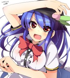 Rule 34 | 1girl, blue hair, bow, breasts, fang, food, fruit, hat, hinanawi tenshi, large breasts, long hair, looking at viewer, miton (turuyasann), open mouth, peach, puffy short sleeves, puffy sleeves, red eyes, shirt, short sleeves, skirt, smile, solo, touhou, upper body, very long hair