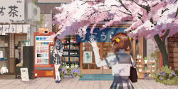 Rule 34 | 2girls, absurdres, air conditioner, arm behind back, awane kokoro, bag, blue eyes, blue hair, braid, brown hair, building, cherry blossoms, chuo academy school uniform, city, commentary request, crown braid, cube hair ornament, from behind, gingham skirt, grey footwear, grey necktie, grey sailor collar, grey skirt, guruguru, hair ornament, hair rings, hand up, highres, kagami masara, kneehighs, layered sleeves, long sleeves, looking at another, magia record: mahou shoujo madoka magica gaiden, mahou shoujo madoka magica, mary janes, medium hair, miniskirt, multiple girls, necktie, noren, outdoors, parted lips, pavement, people, plant, pom pom (clothes), pom pom hair ornament, potted plant, sailor collar, school emblem, school uniform, serafuku, shelf, shirt, shoes, shop, short necktie, short over long sleeves, short sleeves, shoulder bag, sign, skirt, socks, standing, tree, upper body, vase, vending machine, waving, white shirt, white socks, wide shot