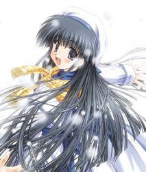 Rule 34 | 1girl, black eyes, black hair, dress, hat, long hair, looking at viewer, open mouth, outstretched arms, scarf, snow, snow (game), solo, spread arms, studio mebius, yukizuki sumino