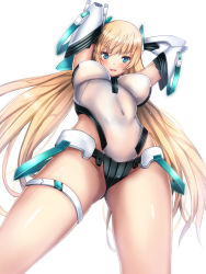 Rule 34 | 1girl, angela balzac, arms up, between breasts, blonde hair, blue eyes, blush, breasts, covered navel, cowboy shot, eyebrows, from below, gloves, headgear, highleg, highleg leotard, highres, impossible clothes, impossible leotard, leotard, long hair, looking at viewer, low twintails, neon trim, open mouth, pilot suit, rakuen tsuihou, see-through, simple background, smile, solo, thigh strap, thighlet, twintails, untue, very long hair, white background, white gloves