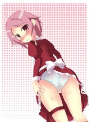 Rule 34 | 10s, 1girl, ass, blush, clothes lift, dress, dress lift, freckles, from behind, lisbeth (sao), looking back, open mouth, panties, pink eyes, pink hair, red dress, short hair, solo, sword art online, thigh strap, underwear