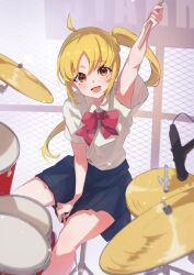 Rule 34 | 1girl, :d, absurdres, ahoge, arm up, armpits, between legs, blonde hair, blue skirt, bocchi the rock!, bow, bowtie, cymbals, drum, drum set, drumsticks, hand between legs, highres, holding, holding drumsticks, ijichi nijika, instrument, light particles, looking at viewer, microphone, open mouth, orange eyes, red bow, red bowtie, revision, school uniform, shirt, short sleeves, side ponytail, sidelocks, sitting, skirt, smile, solo, white shirt, yakousei a