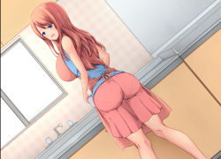 Rule 34 | 1girl, apron, ass, bad id, bare shoulders, blue eyes, blue shirt, blush, breasts, from behind, huge ass, huge breasts, long hair, looking back, open mouth, original, pantylines, pink hair, shiny skin, shirt, skin tight, skirt, smile, solo, tekito wani