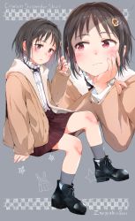 Rule 34 | 1girl, ano ko wa toshi densetsu, black footwear, black hair, blush, brown hair, brown jacket, brown skirt, checkered background, commentary request, flower, gomennasai, grey background, grey legwear, hair flower, hair ornament, hairclip, hand up, highres, jacket, long sleeves, looking at viewer, multicolored hair, multiple views, open clothes, open jacket, parted lips, red eyes, shirt, shoes, skirt, sleeves past wrists, socks, star (symbol), striped clothes, striped skirt, sunflower, sunflower hair ornament, suspender skirt, suspenders, two-tone hair, vertical-striped clothes, vertical-striped skirt, white shirt, yellow flower, zangyaku-san
