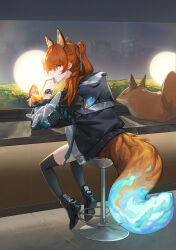 Rule 34 | 1girl, absurdres, animal ears, bar (place), bar stool, black footwear, black jacket, black thighhighs, boots, bracelet, commentary, drinking, drinking straw, fox, fox ears, fox girl, fox tail, from behind, high heel boots, high heels, highres, indoors, jacket, jewelry, long sleeves, nail polish, nikki l, on stool, orange eyes, orange hair, original, red nails, ring, smartwatch, solo, stool, tail, thighhighs, tropical drink, twintails, watch, wristwatch