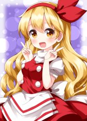 Rule 34 | 1girl, :d, apron, blonde hair, cowboy shot, double v, ellen (touhou), hairband, highres, long hair, looking at viewer, open mouth, petticoat, puffy short sleeves, puffy sleeves, purple background, red hairband, red skirt, red vest, ruu (tksymkw), shirt, short sleeves, skirt, smile, solo, standing, touhou, touhou (pc-98), turtleneck, v, vest, waist apron, white apron, white shirt, yellow eyes