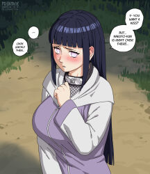 Rule 34 | ..., 1girl, artist name, black hair, blush, byakugan, cheating (relationship), clenched hand, commentary, dated, english commentary, english text, fellatrix, forehead protector, grass, highres, hyuuga hinata, jacket, konohagakure symbol, long hair, looking at viewer, multicolored clothes, multicolored jacket, naruto (series), naruto shippuuden, outdoors, purple jacket, solo, speech bubble, spoken ellipsis, two-tone jacket, upper body, watermark, web address, white jacket