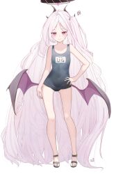 Rule 34 | 1girl, absurdres, bat wings, blue archive, breasts, demon horns, halo, highres, hina (blue archive), horns, long hair, low wings, one-piece swimsuit, purple eyes, school swimsuit, simple background, small breasts, steam, steaming body, swimsuit, tachibana shiori (suica 112), very long hair, white background, white hair, wings