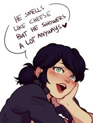 Rule 34 | 1girl, black hair, blue eyes, blush, ceejles, commentary, english text, hair tie, head rest, heart, highres, marinette dupain-cheng, miraculous ladybug, open mouth, pink lips, signature, smile, solo, twintails, upper body