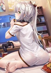 Rule 34 | 1girl, ass, barefoot, blush, breasts, controller, food, food girls, food in mouth, from behind, game controller, green eyes, hair between eyes, headphones, headphones around neck, highres, indoors, ks (xephyrks), long hair, looking back, mouth hold, naked shirt, no panties, off-shoulder shirt, off shoulder, pocky, ponytail, poster (object), profile, shirt, silver hair, sitting, small breasts, soles, solo, tile floor, tiles, wariza