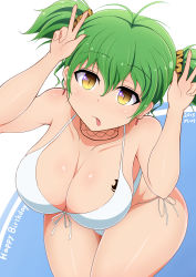 Rule 34 | 10s, 1girl, :p, alternate hairstyle, bare shoulders, bikini, breasts, brown eyes, cleavage, dated, earrings, female focus, green hair, highres, hikage (senran kagura), jewelry, large breasts, looking at viewer, ponponmaru, senran kagura, short hair, short twintails, side-tie bikini bottom, simple background, slit pupils, solo, swimsuit, tattoo, thighs, tongue, tongue out, twintails, v, white bikini, yellow eyes