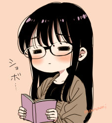 Rule 34 | 1girl, = =, black-framed eyewear, black hair, black shirt, blush, book, brown background, brown cardigan, cardigan, closed eyes, closed mouth, commentary request, glasses, himawari-san, himawari-san (character), holding, holding book, long hair, long sleeves, open book, shirt, signature, simple background, solo, sugano manami, translation request, upper body
