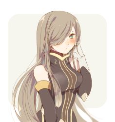 Rule 34 | 1girl, bare shoulders, blue eyes, blush, breasts, brown hair, dress, elbow gloves, gloves, hair over one eye, long hair, open mouth, tales of (series), tales of the abyss, tear grants