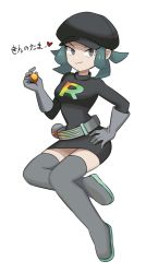 Rule 34 | 1girl, :3, belt, black dress, black hat, boots, breasts, cabbie hat, closed mouth, creatures (company), dress, flowers-imh, full body, game freak, gloves, green hair, grey belt, grey eyes, grey footwear, grey gloves, hand on own hip, hat, heart, highres, invisible chair, looking at viewer, nintendo, pokemon, pokemon usum, short dress, short hair, simple background, sitting, solo, team rainbow rocket, team rainbow rocket grunt, team rainbow rocket uniform, thigh boots, thighhighs, thighs, translation request, white background, zettai ryouiki