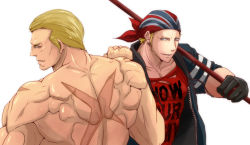 Rule 34 | 2boys, bandana, baton, billy kane, blonde hair, blue eyes, fatal fury, geese howard, male focus, multiple boys, muscular, scar, simple background, tentenkingyo, terry bogard, the king of fighters, topless male, white background