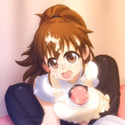Rule 34 | 1boy, 1girl, apron, breasts, brown eyes, brown hair, censored, cum, cum in mouth, cum on clothes, facial, gradient background, hetero, long hair, open mouth, paizuri, paizuri under clothes, penis, ponytail, pov, solo focus, takeda yukimura, taneshima popura, waitress, working!!