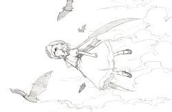 Rule 34 | 1girl, back bow, bat (animal), bat wings, black footwear, bow, cloud, commentary request, dress, flying, full body, greyscale, hat, mob cap, monochrome, puffy short sleeves, puffy sleeves, remilia scarlet, shiratama (hockey), shoes, short hair, short sleeves, sketch, socks, solo, touhou, white background, white socks, wings