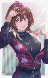 Rule 34 | 1girl, absurdres, aketa mikoto, arm up, bare shoulders, black shirt, blonde hair, blurry, blurry background, blush, bracelet, breasts, brown hair, earrings, enporion, fence, fingernails, floral print, gradient hair, grey pants, hand in own hair, highres, idolmaster, idolmaster shiny colors, jacket, jacket partially removed, jewelry, large breasts, long sleeves, looking at viewer, multicolored eyes, multicolored hair, nail polish, off shoulder, outdoors, pants, purple nails, red jacket, shirt, signature, smile, solo, upper body, zipper