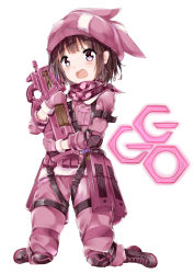 Rule 34 | 1girl, absurdres, animal hat, bad id, bad pixiv id, bandana, belt, brown hair, bullpup, camouflage, commentary, cross-laced footwear, elbow pads, frown, full body, fuyuki030, gloves, gun, hat, highres, holding, holding gun, holding weapon, jacket, knee pads, kneeling, llenn (sao), logo, long sleeves, looking at viewer, open mouth, p-chan (p90), p-chan (sao), p90, pants, personal defense weapon, pink eyes, pink gloves, pink hat, pink jacket, pink neckwear, pink pants, purple footwear, rabbit hat, short hair, simple background, submachine gun, sword art online, sword art online alternative: gun gale online, tactical clothes, tearing up, uniform, utility belt, weapon, white background