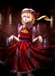 Rule 34 | 1girl, ascot, bad id, bad pixiv id, blonde hair, crystal, flandre scarlet, frilled skirt, frills, hat, hat ribbon, mmm (mikito), mob cap, pink eyes, puffy short sleeves, puffy sleeves, ribbon, short hair, short sleeves, side ponytail, skirt, touhou, vest, wings