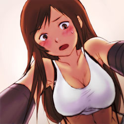 Rule 34 | 1990s (style), 1girl, blush, breasts, brown eyes, brown hair, cleavage, elbow gloves, female focus, final fantasy, final fantasy vii, gloves, gradient background, long hair, lowres, midriff, moggy moggy, open mouth, retro artstyle, solo, suspenders, tank top, tifa lockhart