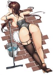 Rule 34 | 1girl, absurdres, alracoco, antenna hair, apron, ass, back, barefoot, breasts, brick floor, brown hair, bucket, corset, dsr-50 (girls&#039; frontline), girls&#039; frontline, grey background, highres, large breasts, lying, maid, maid apron, mop, on stomach, red eyes, sideboob, sidelocks, single thighhigh, soles, solo, squeegee, thighhighs, thighs