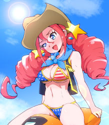 Rule 34 | 10s, 1girl, :d, american flag bikini, american flag print, bikini, blue eyes, blush, breasts, cleavage, cloud, cowboy hat, cowboy western, day, drill hair, flag print, freckles, happinesscharge precure!, hat, highres, large breasts, lens flare, long hair, looking at viewer, magical girl, navel, open mouth, precure, print bikini, red hair, red haired cure (bomber girls precure) (happinesscharge precure!), ryuuta (cure ryuuta), scarf, shiny skin, sky, smile, solo, star (symbol), sun, swimsuit, twin drills, twintails, uncensored, vest