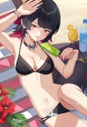 Rule 34 | 1girl, absurdres, alternate costume, arm up, armpits, bare arms, bare shoulders, beach, bikini, black bikini, black hair, bracelet, breasts, cleavage, commission, cup, drinking glass, ear piercing, ellen joe, fins, fish tail, food, halterneck, hand up, highres, holding, holding food, holding popsicle, hurricane glass, jewelry, kurousagi yuu, looking at viewer, medium breasts, mole, mole under eye, multi-strapped bikini bottom, multicolored hair, nail polish, navel, necklace, open mouth, piercing, pink nails, pixiv commission, popsicle, red eyes, red hair, shading eyes, shark tail, sharp teeth, short hair, sitting, solo, stomach, string bikini, sweatdrop, swimsuit, tail, teeth, thighs, two-tone hair, v-shaped eyebrows, zenless zone zero