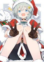 1girl :d animal_ears bike_shorts blue_eyes brown_gloves christmas commentary_request dual_wielding ear_covers gloves grey_hair hat highres holding horse_ears horse_girl looking_at_viewer open_mouth red_hat santa_hat seiun_sky_(umamusume) short_hair single_ear_cover sitting smile solo totomono umamusume