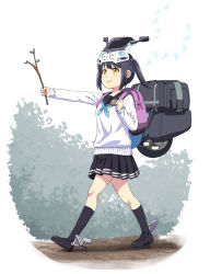 Rule 34 | 1girl, backpack, bag, black footwear, black hair, black sailor collar, black socks, blue neckerchief, brown eyes, character request, closed mouth, commentary request, copyright request, from side, headgear, holding, ishii hisao, loafers, long sleeves, musical note, neckerchief, randoseru, sailor collar, shoes, sidelocks, smile, socks, solo, stick, sweater, twintails, virtual youtuber, walking, white sweater
