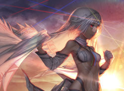 Rule 34 | 1girl, altera (fate), armpits, backlighting, bare shoulders, bespectacled, bikini, breasts, clenched hand, cloud, collarbone, commentary request, dark-skinned female, dark skin, detached collar, detached sleeves, evening, fate/grand order, fate (series), from side, glasses, half-closed eyes, holding, lens flare, light rays, looking away, navel, outdoors, parted lips, print sleeves, pubic tattoo, red eyes, ribbon, rotix, semi-rimless eyewear, short hair, sky, small breasts, solo, standing, stomach, stomach tattoo, sunlight, sunset, swimsuit, tattoo, upper body, veil, white-framed eyewear, white bikini, white hair, white ribbon, wind