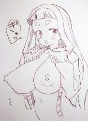 Rule 34 | 1girl, blush, breasts, cardigan, collarbone, commentary request, hair ornament, highres, huge breasts, large breasts, long hair, long sleeves, looking at viewer, machita chima, monochrome, nijisanji, nipples, open cardigan, open clothes, open mouth, solo, thick eyebrows, traditional media, tsukareta san, upper body, virtual youtuber