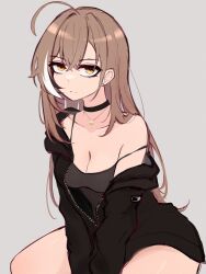 Rule 34 | 1girl, ahoge, bare shoulders, between legs, black camisole, black choker, black jacket, black tank top, breasts, brown hair, camisole, choker, cleavage, collarbone, colored tips, ear ornament, expressionless, eyelashes, eyeliner, grunge (genre), hair between eyes, hair flowing over, hand between legs, highres, hololive, hololive english, jacket, jewelry, long hair, long sleeves, m r b, makeup, medium breasts, messy hair, multicolored hair, nanashi mumei, necklace, open clothes, open jacket, punk, sidelocks, simple background, solo, strap slip, tank top, thick thighs, thighs, virtual youtuber, yellow eyes
