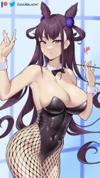 Rule 34 | 1girl, bare arms, bare shoulders, black leotard, blue background, breasts, cleavage, commentary, cone hair bun, covered navel, cowboy shot, damobelmont, detached collar, fate/grand order, fate (series), fishnet pantyhose, fishnets, groin, hair bun, hands up, highres, large breasts, leotard, long hair, looking at viewer, murasaki shikibu (fate), pantyhose, parted lips, purple eyes, purple hair, solo, standing, strapless, strapless leotard, thighs, twitter logo, very long hair, wrist cuffs